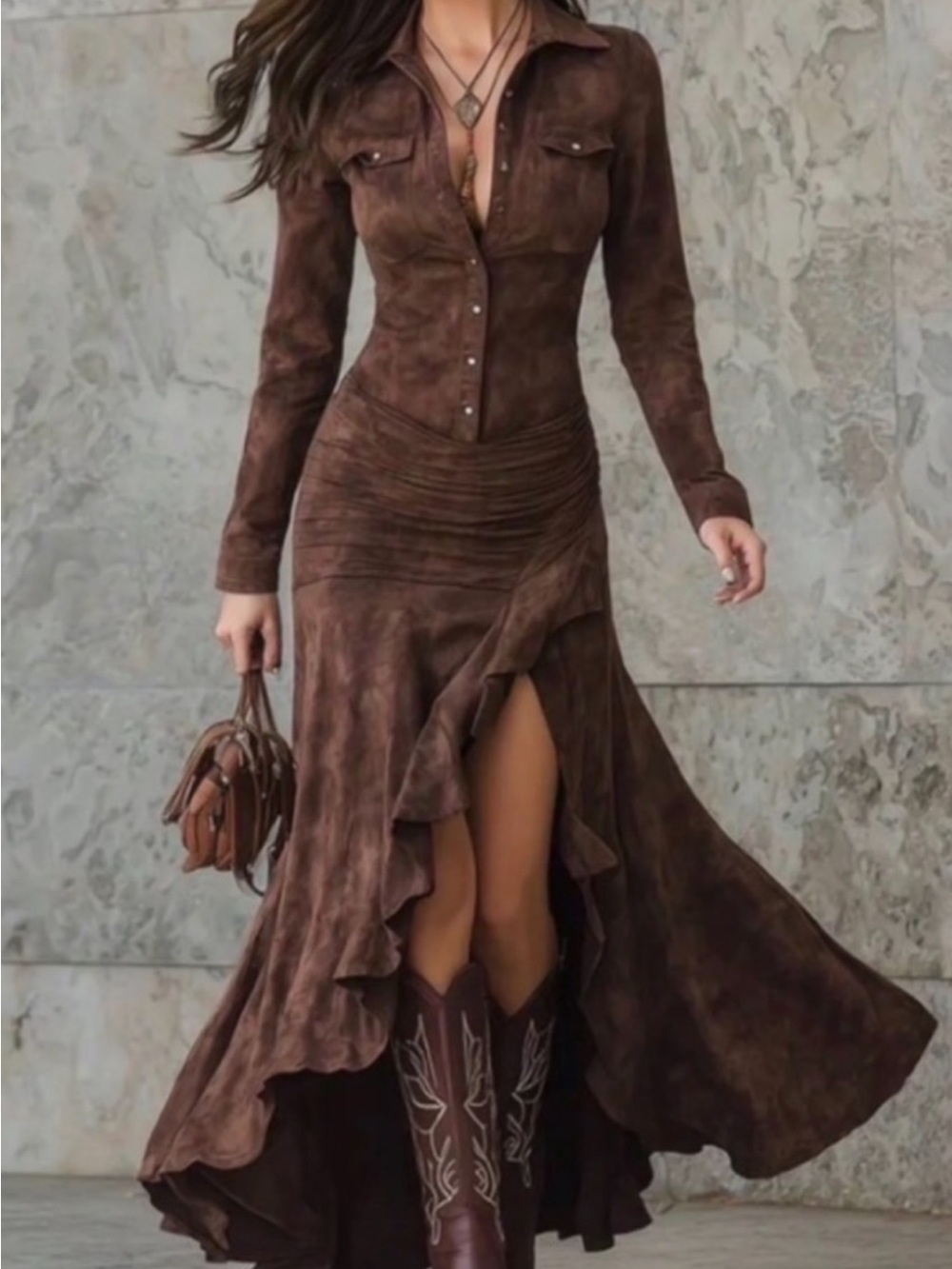Women's Brown Suede-Effect High-Low Ruffle Maxi Dress